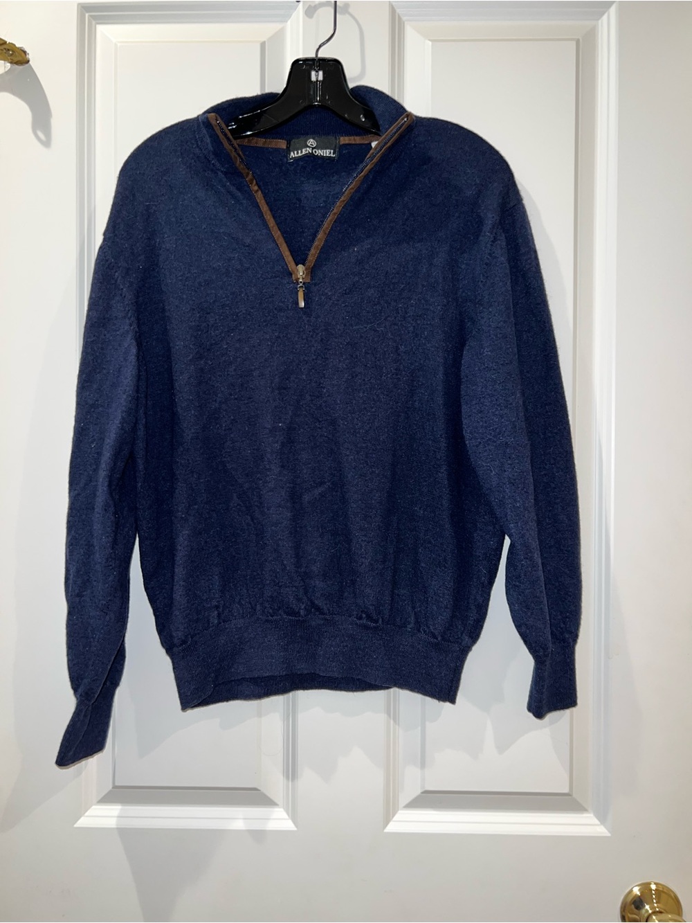 (FITS LIKE A S/M) Navy Half-Zip Sweater with Brown Trim